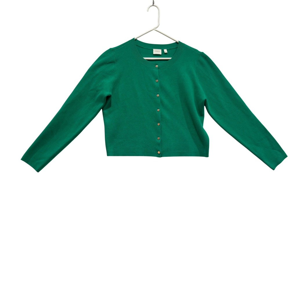 Green Cropped Cardigan Sweater Gold Button Preppy Coastal Grandma L Minimalist